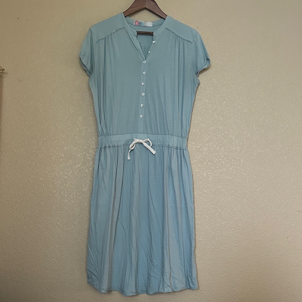 Free People Beach Light Blue Midi Dress with Button Accents & Tie Waist